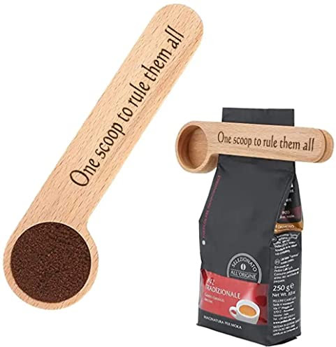 Funny 2 in 1 Wooden Coffee Scoop with Bag Clip - Coffee Accessories birthday presents for women or gifts for men - Coffee Gift suitable for Ground Coffee and Beans -barista accessories (Design 1)