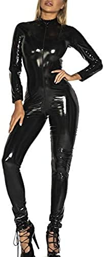 Body De Piel Sintética Para Mujer, Sexy, Con Efecto Mojado, Con Cremallera Frontal,Negro,5X-Grande