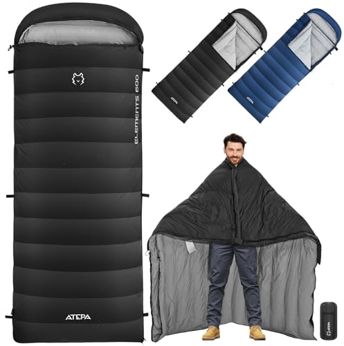 ATEPA 3-in-1 Hybrid Down Sleeping Bag, XL Wide Lightweight 3-Season Backpacking Sleeping Bag for Big & Tall Adults, Pad Attachment System & Detachable Hood for Spring Summer Fall Camping, 30°F Limit