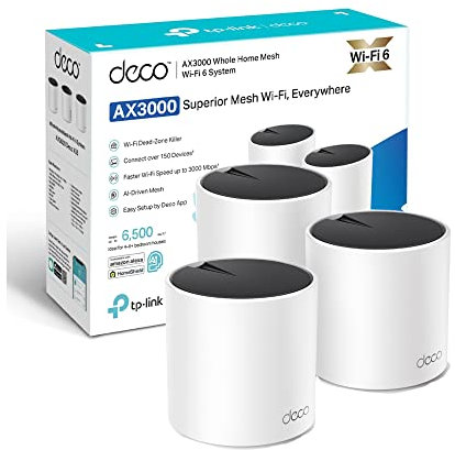 TP-Link Deco X55 AX3000 Whole Home AI-Driven Mesh Wi-Fi 6 System, Three Gigabit Ports, Coverage up to 6,500 ft2, Connect up to 150 devices, HomeShield Security, Pack of 3, Amazon Exclusive (Renewed)