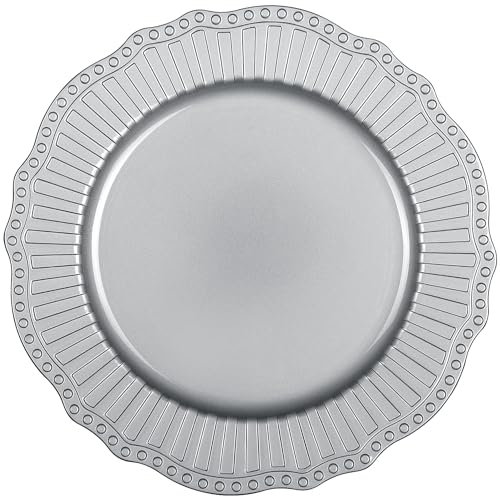 TABLETROVES Silver Charger Plates Set - 13” Vintage Plastic Dinnerware Set - Reusable Elegant Serving Plates for Parties, Weddings and Events (12 Set)
