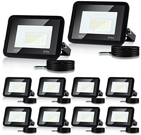 Lospitch Lot de 10 20W Projecteur LED Extérieur, Super Lumineux 1700LM Blanc Chaud 3000K Spot LED Extérieur, IP66 étanche Éclairage LED pour Patio, Garage, Jardin, Usine (sans prise)