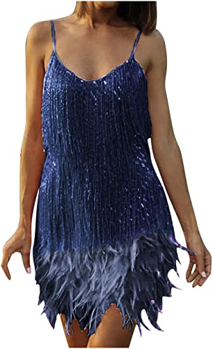 Fransenkleid Damen Kleider Sexy Einfarbige Glitzerkleid mit Feder Ärmellos Spaghettiträger Minikleid V-Ausschnitt Skaterkleid Schulterfrei Clubkleid Rückenfrei Partykleid A-Linie Kleider