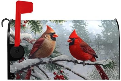 Dacawin Cardinal Bird Mailbox Cover Winter Mailbox Covers Christmas Magnetic Mailbox Wraps Red Bird Dust-Proof Letterbox Covers Protection Postbox Covers Home Decor 18 X 21