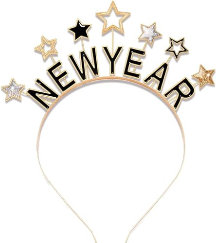 Charfia Happy New Year Haarreif, Silvester Haarreif 2026 Haarschmuck Haarreifen Kopfschmuck Erwachsene Silvester Outfit Damen Herren Kinder Sterne Accessoires Geschenke