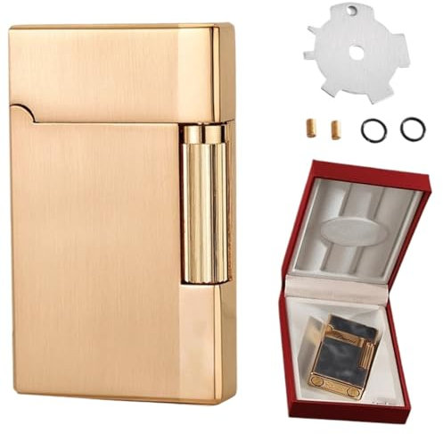 OLELY Kerosin-Feuerzeug mit Geschenkbox, passend zu Feuersteinen und Dichtung, Seitenschlupf-Rad-Zündung, verstellbare Flamme, Feuerzeug-Zubehör-Set, einzigartige Geburtstagsgeschenke (Color : Gold)