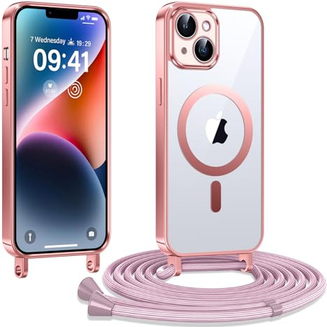 Kokio Handykette Hülle für iPhone 14 mit Band, Magnetische Transparent Handyhülle Kompatibel mit MagSafe, Kratzfeste Stossfest Schutzhülle mit Einstellbar Kette,Rosé