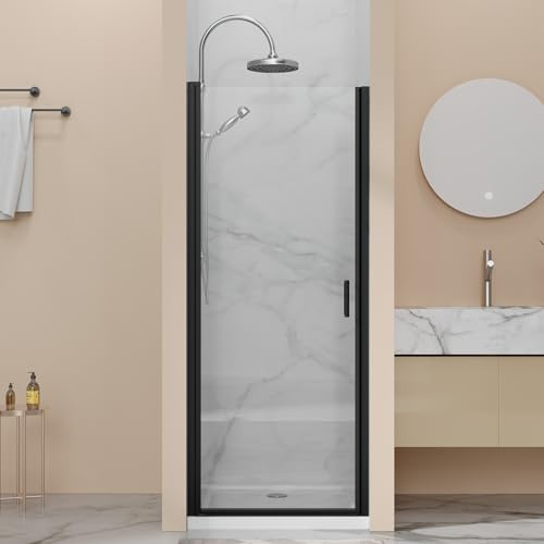 Bathenum 30” x 72” Pivot Swing Shower Door, 1/4 inch Tempered Glass Panel Hinged Shower Door in Matte Black Finish, Semi-Frameless Design