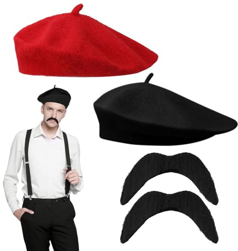 FUIPVGI 4 pièces Costume de déguisement français béret moustache adulte unisexe moustache pour déguisement accessoire de cheveux tenue(noir rouge)