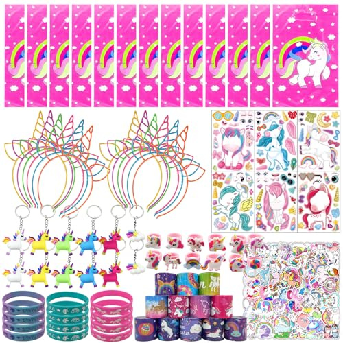 134Stück Einhorn Party Mitgebsel Einhorn Geburtstag NlsqEU Geschenktüten Haarreif Schnapparmband Schlüsselanhänger Aufkleber Ring Silikonarmband Geburtstag Mitbringsel
