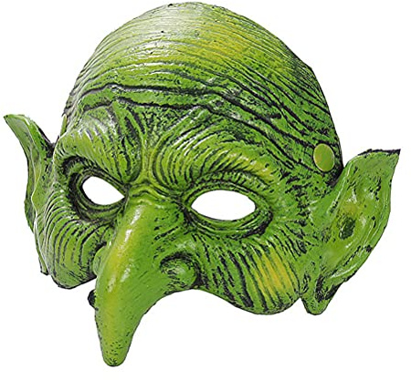 PUNELE Hexenmaske für alte Frau, gruselige Hexenmaske mit Gummiband, grünes Gesicht, Kobold, Elfenohren, Cosplay, Kostüm, Halbmaske mit Adlernase, Zauberin, Halloween, gruselig, Horror, Cosplay