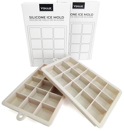 VINAK - Pack de 2 Cubiteras de Silicona Beige | 15 Cubitos por Bandeja | Molde Flexible Fácil Desmolde | Silicona Alimentaria LFGB sin BPA | Para Hielo, Whisky, Cócteles y Bebidas Frías