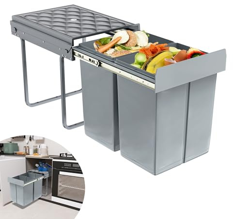 Suusolny Gris Cubo de basura empotrable, 2 x 20 L, sistema de separación de basura, extensible, contenedor múltiple, cubo de basura para armario, a prueba de olores, cómodo acceso para cocina, 48 x 34