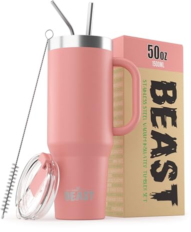 Beast Tumbler with Handle - 1500 ml (50 oz), Blossom Pink | Reusable Stainless Steel, Vacuum Insulated Cup | with + 2 Straws & Cleaning Brush | Double Wall Travel Flask Perfect for Hot or Iced Coffee