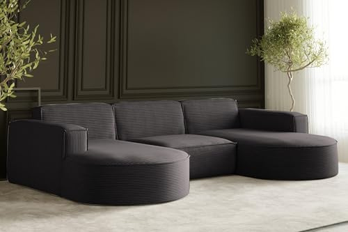 Kaiser Möbel - Ecksofa mit Wohnlandschaft, Eckcouch U Form XXL, Bigsofa, Sofa 3-sitzer, Bequemes Couch mit Ottomane für Wohnzimmer, Relaxsofa, Cord Stoff, Lounge-Set U-Form, Modena Studio, Dunkelgrau