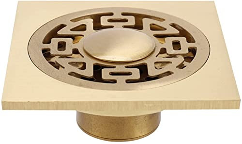 Duschablauf aus Messing mit abnehmbarer Abdeckung, Gitterrost, 10,2 cm, quadratisches Bodenabtropfgestell für Küche, Waschraum, Garage und Keller, goldfarbenes Finish, Haarsieb im Lieferumfang