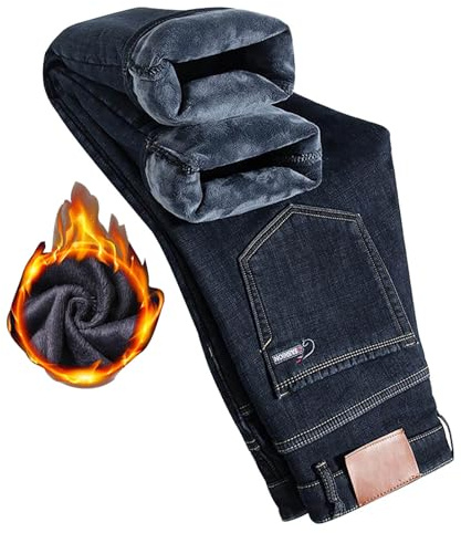 Beokeuioe Männer Winterhose Thermojeans Herren Thermo Business Hose Gerade Bein Thermohose Fleecefutter Jeans Slim Fit Stretch Jeanshosen Männer Denim Hosen Gefüttert Arbeitshose