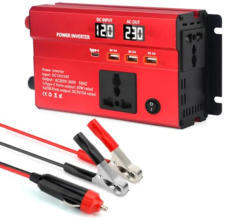 WODHMIEY 600W Kfz Wechselrichter 12V/24V auf 230V–Auto Spannungswandler mit 2 Steckdose, 3 USB, 1 Type-C, Schnellladung, Dual-LED-Display, für Camping, Reisen, Wohnmobil, LKW & Notfallstromversorgung