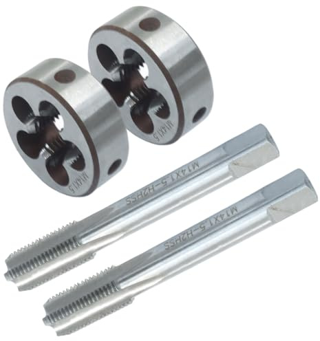 Cjueiom Set di maschi e matrici metriche M14 x 1,5, in acciaio ad alta velocità, filettatura diritta scanalata, filettatura destra e filiera rotonda, strumenti di filettatura resistenti per fai da te