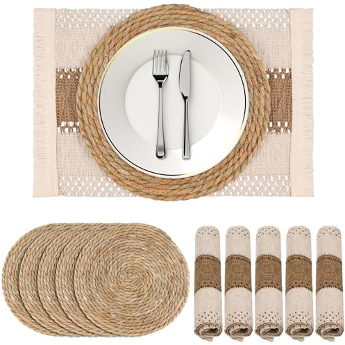 BAIEGOED Bohemian Table Placemats Set 6 Piece - Handmade Natural Cotton Linen & Seagrass Woven Table-Mats with Lace Trim, Farmhouse Style for Dining Tables, Weddings, Parties & Seasonal Celebrations