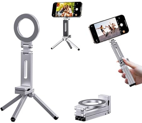 Magnetic Pocket Phone Tripod,Mini Foldable Tripod Mount with 1/4 Screw Holes,360° Rotation Portable Smartphone Holder Desk Stand for iPhone 16 15 14 13 12 Plus Pro Max Series,Video,Vlog,Travel