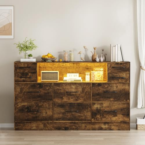 BSTSEL Chest of Drawers with LED Lights, 10 Fabric Drawers, 108x30x72cm Wooden Frame with Black Handles, Large Storage Dresser for Bedroom, Living Room, Hallways, Closet (Rustic Brown)