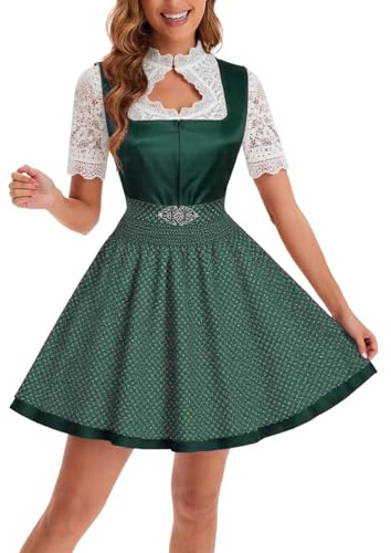 Costume Dress Women's Midi Dirndl Women's Red Dirndl Dress Including Dirndl Blouse Lace Apron 3-Piece Elegant Costume Dress Modern Bavarian Costume Refined Dirndl Dresses for Oktoberfest and Carnival