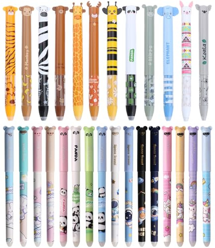 28 Stück Radierbare Gelstiften,Set Von 28 LöSchbaren GelStiften Cartoon Kugelschreiber Stifte Set,Zweifarbige Gedrückte Radierbare Stifte,0.7 mm&0.5mm, Mehrere Farben und Tiermotive,Geburtstag für Ki