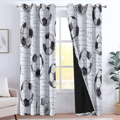 XCQHZYQ Cortinas Salon Opacas Patrón Fútbol Dibujado A Mano, Cortinas de Ojales Dormitorio para Niños 2 Piezas Suave En Blanco Y Negro Termicas Curtain para Habitación Decoración Ventana, 2x75x166 cm