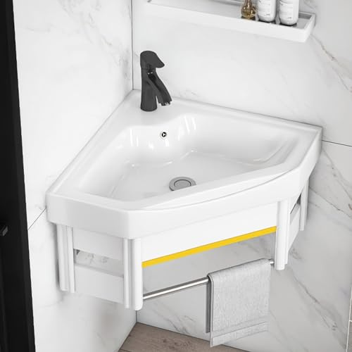 Lavandino da Bagno Compatto ad Angolo da Parete, lavabo in Ceramica con Rubinetto Cromato, mobiletto salvaspazio per spazi ristretti, 48x48 cm (Colore: A1)