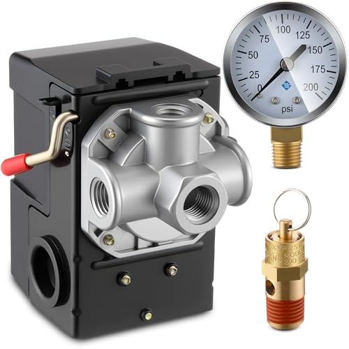 Dreyoo Air Compressor Pressure Switch 90-120 4-Port 20 Amp with 0-200 PSI Gauge and 200 PSI Safety Relief Valve, 1/4 NPT Replacement Pressure Switch Parts for Air Compressor