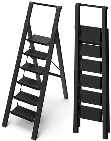 BEFITMACE 6 Step Ladder, Lightweight Folding Step Stool with Convenient Handgrip,Aluminum 330lbs Capacity Step Ladder for Office,Household,Kitchen(Black)