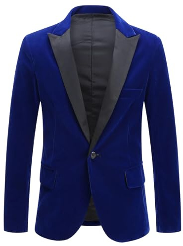 Mens Velvet Blazer Slim Fit Suit Jacket One Button Tuxedo Blazer Wedding Prom Dinner Blue Large