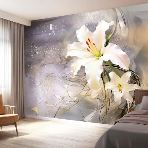 Carta Da Parati 150 x 105 cm（WxH,Fotomurali Acquerello Fiori Gigli Murale Alla Moda Decorazione Da Muro Poster Gigante Design Carta Per Pareti Camera Da Letto Grigio