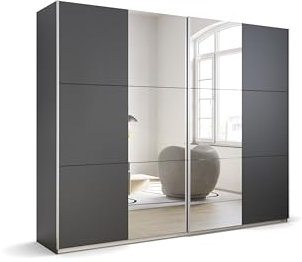 Rauch Möbel Kronach Schrank Schwebetürenschrank, 2-türig, Grau metallic, Schwarz, mit 2 Spiegel, inkl. Zubehörpaket Basic 3 Kleiderstangen 3 Einlegeböden, BxHxT 261x210x59 cm