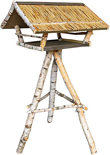 dobar® 28891 XXL Vogelfutterhaus Tundra - Großes Vogelhaus Schilfdach - XL Vogelvilla aus naturbelassener Birke - Vogelfutterstation Massivholz inklusive Ständer - 80 x 75 x 125 cm - Natur