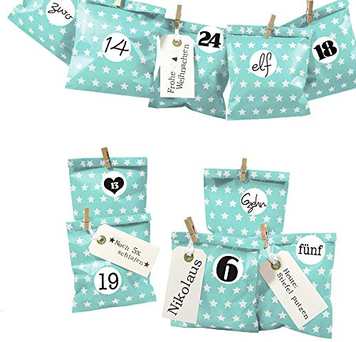 Frau WUNDERVoll® DIY Adventskalender zum Befüllen Bescherung, türkis mint Sterne Papiertüten 13x16,5cm, Ziffern schwarz weiß/Weihnachten Aufkleber Kalender Kinder Geschenkbeutel