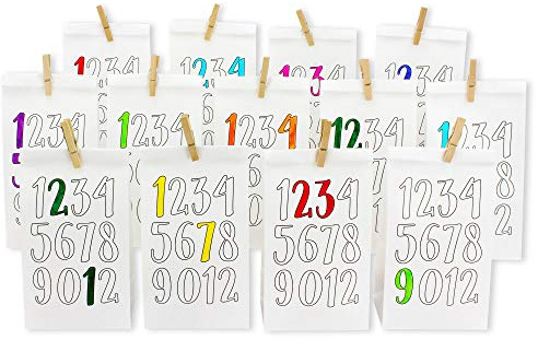 Papierdrachen DIY Adventskalender Kraftpapier Set - Zahlen zum Ausmalen - mit 24 weißen bedruckten Papiertüten zum Ausmalen und selbst Befüllen - Weihnachten