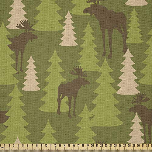 ABAKUHAUS Hirsch Stoff als Meterware, Forrest Creatures Elch, Microfaser Multi Zweck Dekostoff für Kunsthandwerke, 3M (230x300cm), Braun Grün Tan