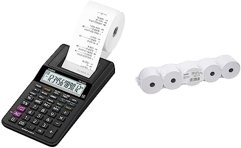 CASIO Druckender Tischrechner HR-8RCE, 12-stellig & GENIE Additionsrollen Ersatz-Papierrollen geeignet für Kassen und druckende Tischrechner 40 lfm 100 prozent Holzfrei 57 x 12 mm, weiß, 5 Stück