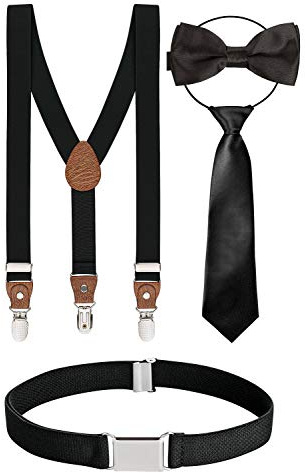 BomGuard enfant bretelles + nœud papillon + cravate + ceinture lot de 4, pour garçon fille,noir 4