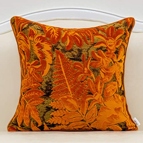 Alerfa Quadratische Samt-Kissenhülle mit Ahornblatt-Stickerei, Geschnittener Luxus-Samt, modernes Design, dekorative Lendenkissenhülle für Sofa, Wohnzimmer, Schlafzimmer, Auto, 50,8 x 50,8 cm, Orange