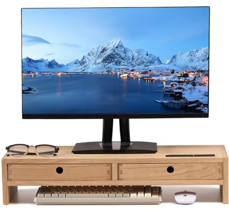KIRIGEN soporte de madera para monitor con 2 cajones organizador de sobremesa para ordenador altavoz TV soporte para impresora portátil soporte de sobremesa para oficina color natural