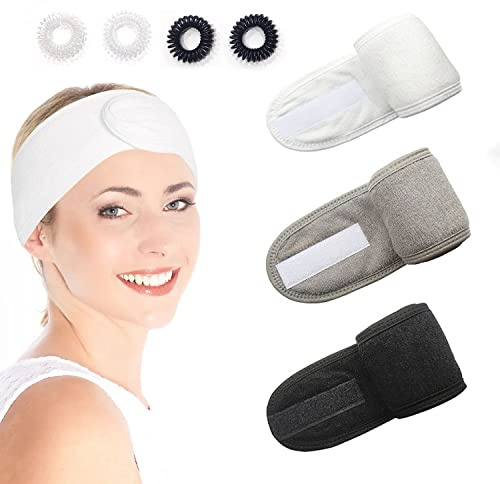 3-teiliges verstellbares Make-up-Stirnband, Stirnband für Gesichtswäsche, Spa, Beauty, Spa, Gesichtsfrottee-Yoga-Stirnband, selbstklebende Handtuchschlaufe und 4 Haarschlaufen.