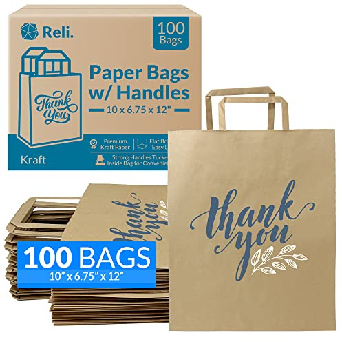 Reli. Braune Papiertüten mit Griffen,100 Stück Bulk,25.4x17.1x30.5 cm,Papier-Dankestüten,bedruckte Kraftpapiertüten, Einkaufstaschen, To Go Taschen, Hochzeit, 25% größer als 25.4x12.7x33 cm
