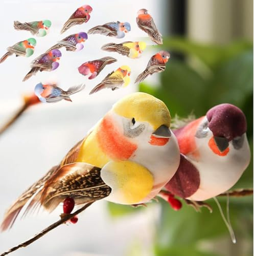 Tissting Künstliche Vögel, Realistische Feder-Schaumstoff-Vogelfiguren mit Clip für Garten- und Fensterdekoration, 12 Stück, Bunte Deko für Hochzeiten und DIY-Handwerk