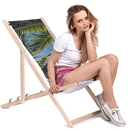 DreamRoots Liegestuhl klappbar Buchenholz, Palm Leaves | Klappliegestuhl Holz, Buchenholz, bis 130 kg, 3-fach verstellbar, waschbarer Polyesterbezug, für Garten & Terrasse