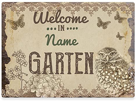 Gartenschild selbst gestalten - Welcome in - Metallschild personalisiert mit Name und Datum, Geschenk für Gärtner, Outdoorschild aus Aluminium | Wetterfest, 28x20 cm