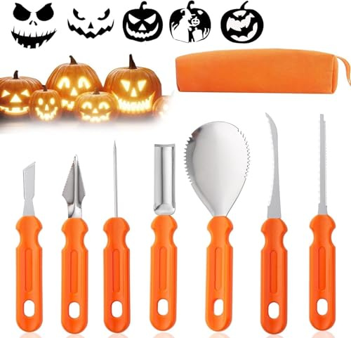 zhangxin Halloween Kürbis Schnitzset, 7 Stück Edelstahl Kürbis Schnitzwerkzeuge, Kürbis-Carving-Set DIY Dekoration mit Tragetasche, für Kinder DIY Kürbis Halloween Dekoration