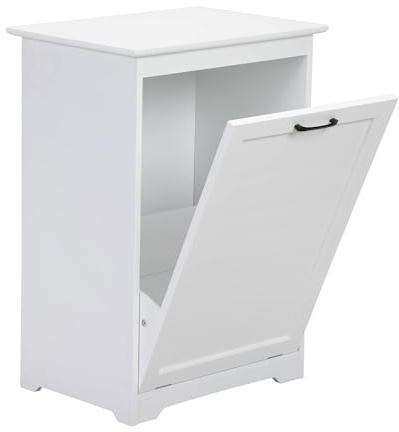 JAXPETY Tilt Out Trash Cabinet Kitchen Trash Can Holder Wood Laundry Hamper Recycling Trash Cabinet with Angle Adjustable Door, White (Single Door)